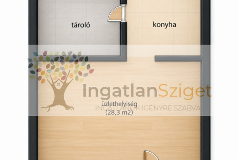 Modern üzlethelyiség alaprajza magyar feliratokkal